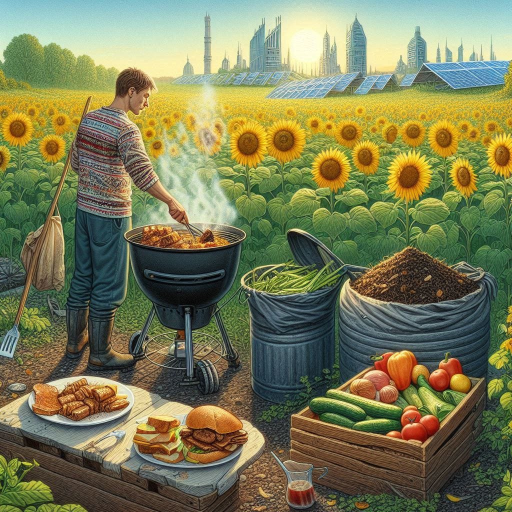 ukranian man cooking on grill, compost bin, sunflower field in background, solarpunk drawing picture