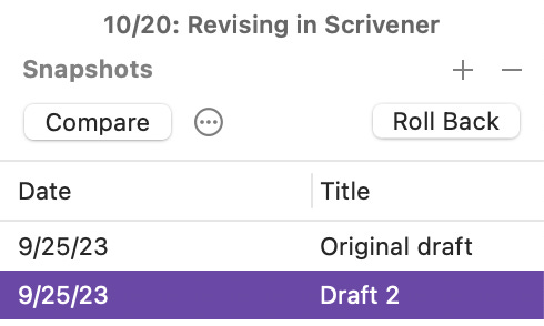 A screenshot of what Snapshots look like in scrivener, with the date on the left and title of each snapshot on the right