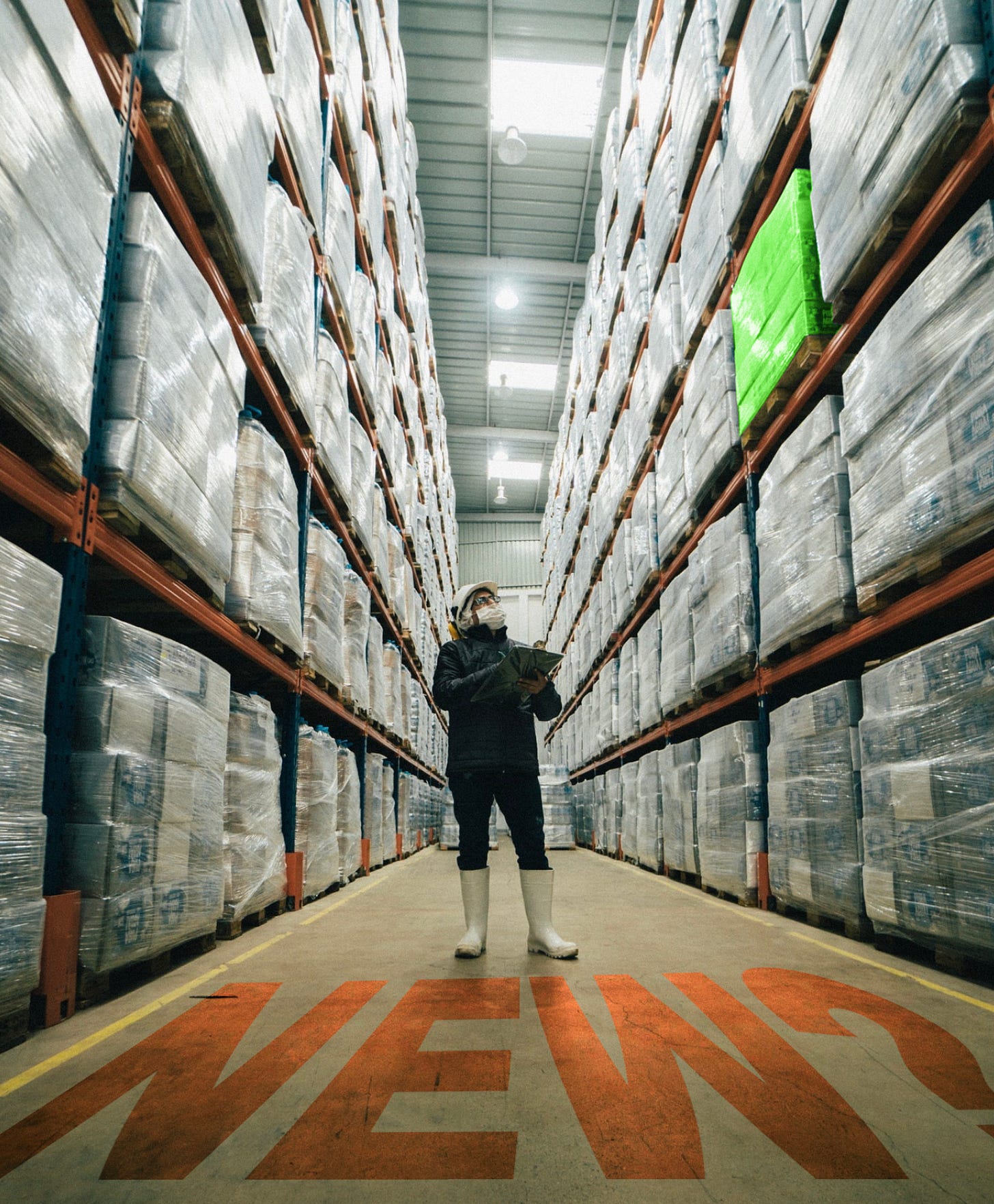 A photograph of a person dressed in protective clothing and holding a clipboard, standing in a warehouse. There are extremely tall metal shelves on either side of them, full of pallet loads of plastic wrapped items. The pallet the person appears to be looking up at is green, while every other item on the shelves is white.