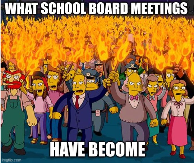 Group of townspeople from the Simpsons with fire behind them and caption "What school boards have become"