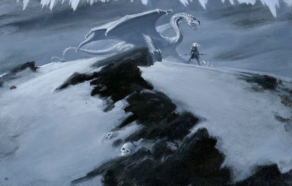 A line of black rock littered with human skulls climbs from the immediate foreground up to the top of a snow covered hill backed by jagged mountain peaks. There Elric stands with an enormous white dragon spreading its wings wide. Ready to strike, its serpentine neck is coiled in an "S" as its jaws part in a hiss. With the Drake at his back, Elric stands with windswept hair, dressed in black with the long blade of Stormbringer slung low at waist height. He stares at some threat off panel to the right.