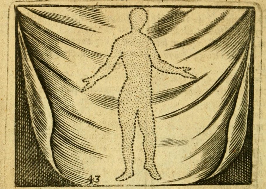 an illustration from a from the 1705 English edition of Orbis Sensualium Pictus depicting a dotted outline of a person, meant to represent a human soul