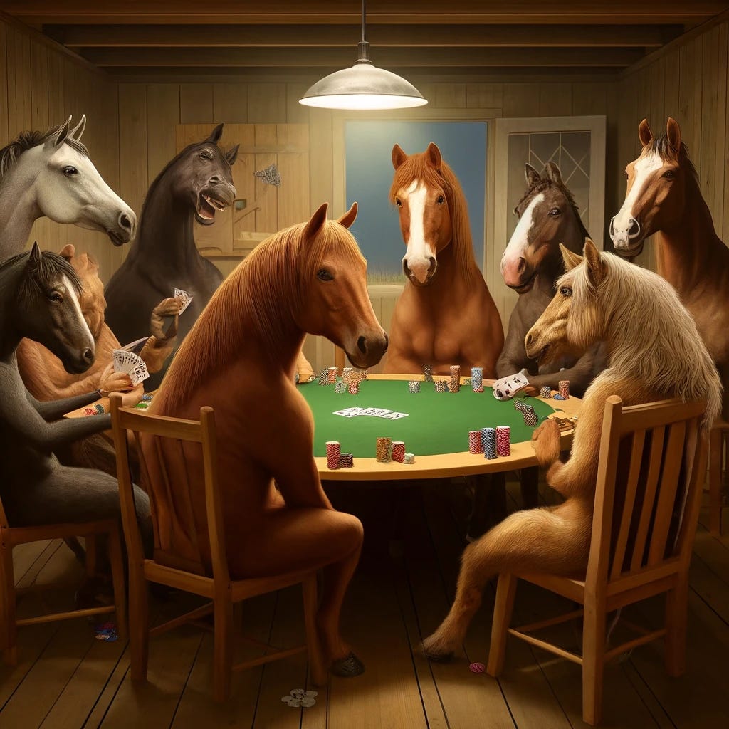 A lighthearted and engaging image of a group of horses playing Texas Hold 'em, avoiding any creepy elements. The scene is set in a cozy, well-lit stable, with a large round table at the center. Various breeds of horses, depicted in a more natural and less anthropomorphic style, are seated around the table. The horses have a deck of cards and poker chips on the table, and they appear to be playfully engaged in the game. Each horse has a distinctive look, but the overall mood is friendly and amusing, capturing the playful spirit of the game without any unsettling features.