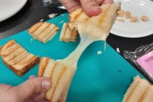 Researcher Alejandro Marangoni demonstrates the stretchy properties of his team’s plant-based cheese analog.