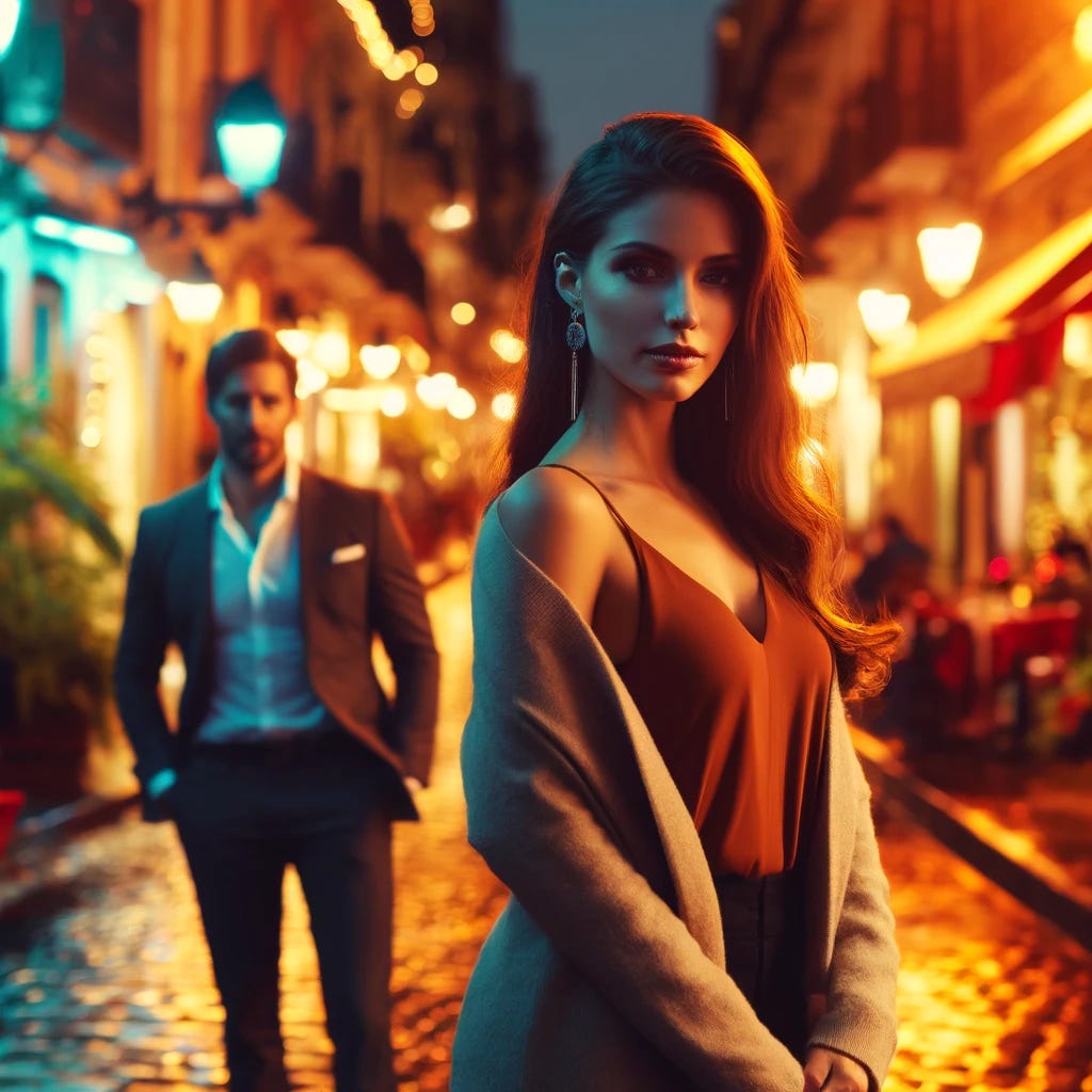 A vibrant, cinematic street scene at night inspired by Latin American cities. A stylish woman stands confidently in the foreground, illuminated by warm streetlights, while a man in the background looks on. The scene has a moody, romantic feel with colorful lights, cobblestone streets, and a lively atmosphere. The focus is on the woman with a hint of mystery, ideal for capturing the essence of dating and social dynamics in a Latin-inspired setting.