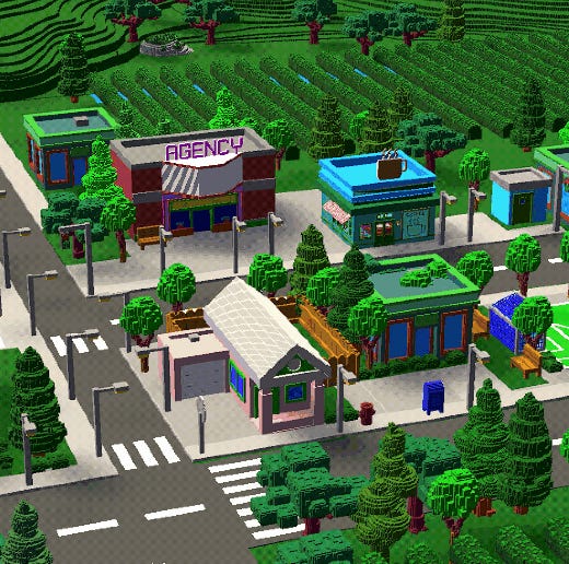 A conceptual depiction of what the starting area for Blockstars might look like. It includes an agency, coffee shop, residence, and other buildings.