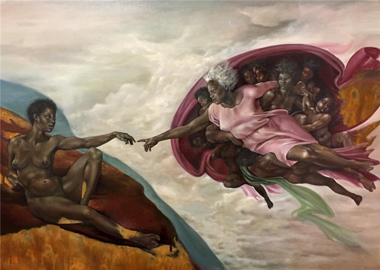 God depicted as an old Black woman, creating "Adam", a young Black woman