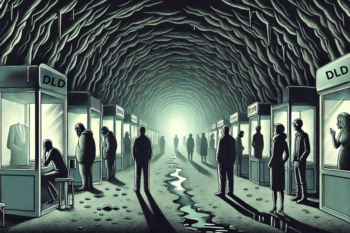 A dark and ominous cartoon-style illustration of a group of people standing in a shadowy tunnel, looking towards a distant, eerie light at the end. The sides of the tunnel are lined with booths resembling those in a bank, with glass windows and mysterious figures inside. Some booths appear abandoned, while others have shadowy figures watching the people pass. The people look uncertain and anxious, with some hesitating or looking back. The tunnel has a rough, rocky texture with dripping water and eerie shadows. The light at the end is cold and ghostly rather than warm, creating a foreboding and unsettling atmosphere.