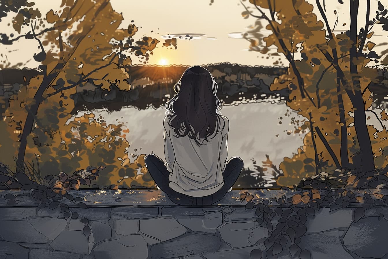 graphic novel illustration of A woman sitting on a wall, looking out at a lake at sunset. The sky is orange and the trees are yellow and brown