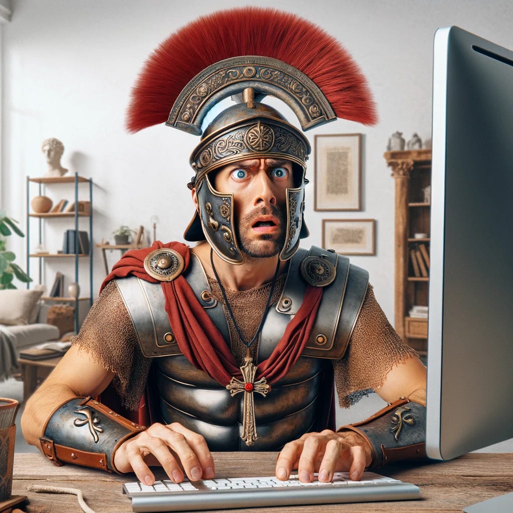 A confused man wearing a Roman helmet, with intricate designs and a red plume. He has a cross hanging around his neck and a bewildered expression, with wide eyes and raised eyebrows, looking unsure and puzzled. He is dressed in a mix of Roman armor, including a breastplate and leather straps, and casual modern clothing. He is sitting at a modern desk, typing on a large, prominent computer with intense focus. The desk is cluttered with books, papers, and a cup of coffee. The background is a blend of ancient Roman architecture and modern home office, enhancing the surreal nature of the scene.