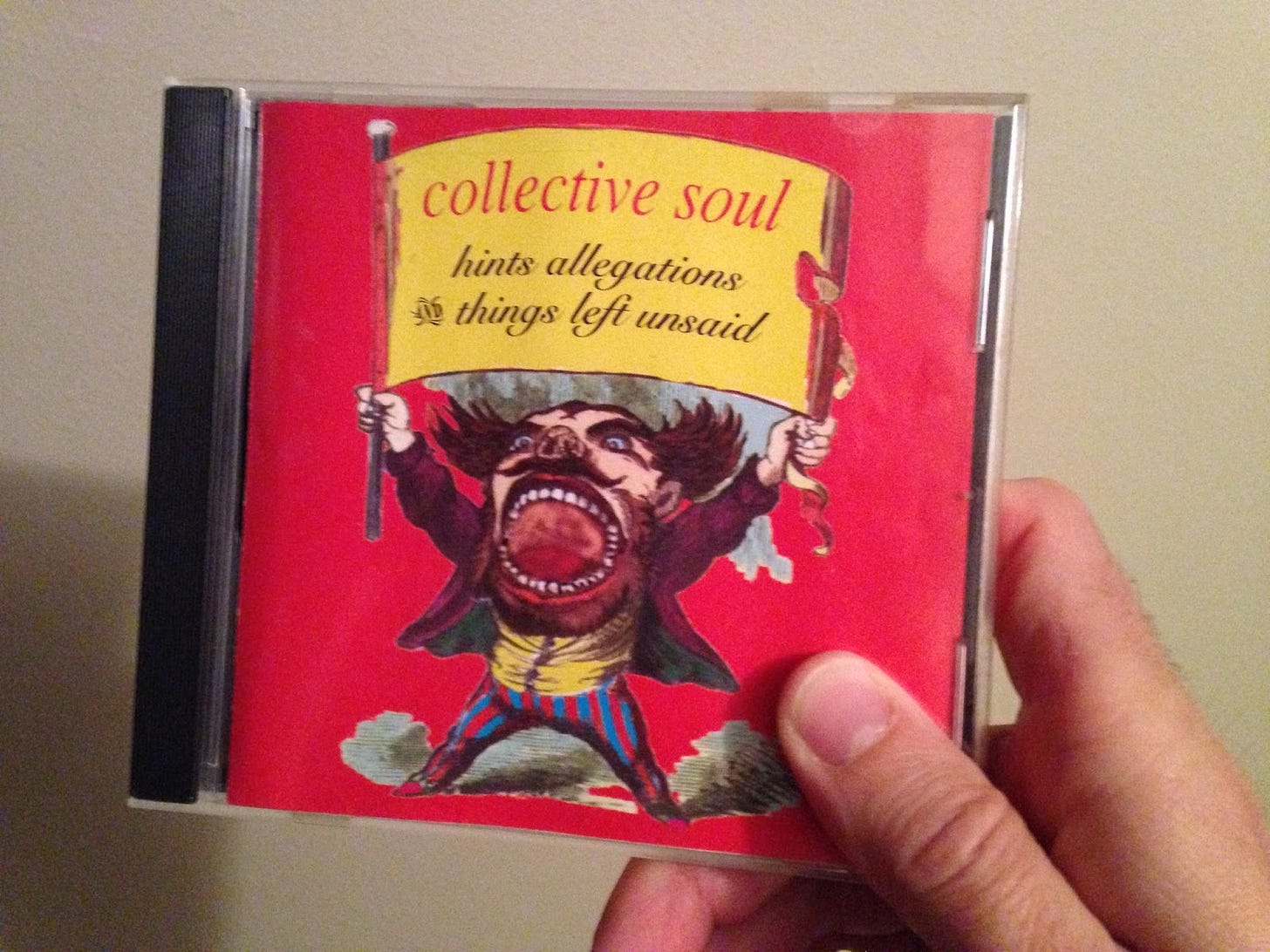 A CD case for Collective Soul's debut album, "hints, allegations, & things left unsaid"
