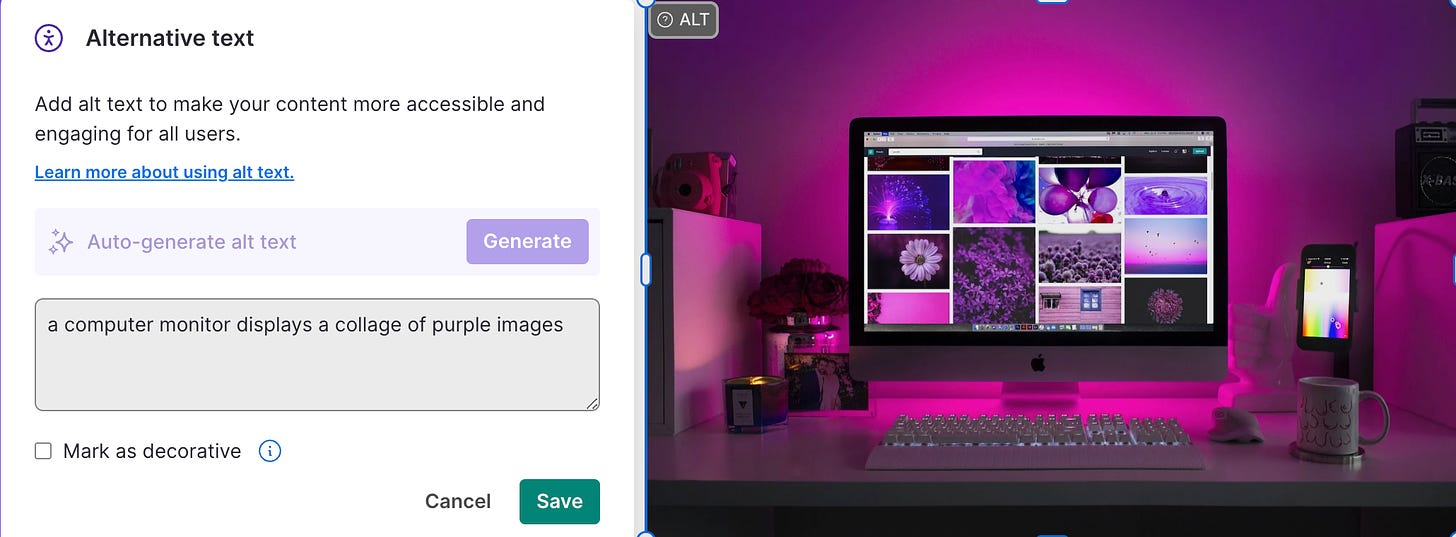 A Screenshot of the Venngage's AI generator for alt text showing the alternative text editing box next to an image