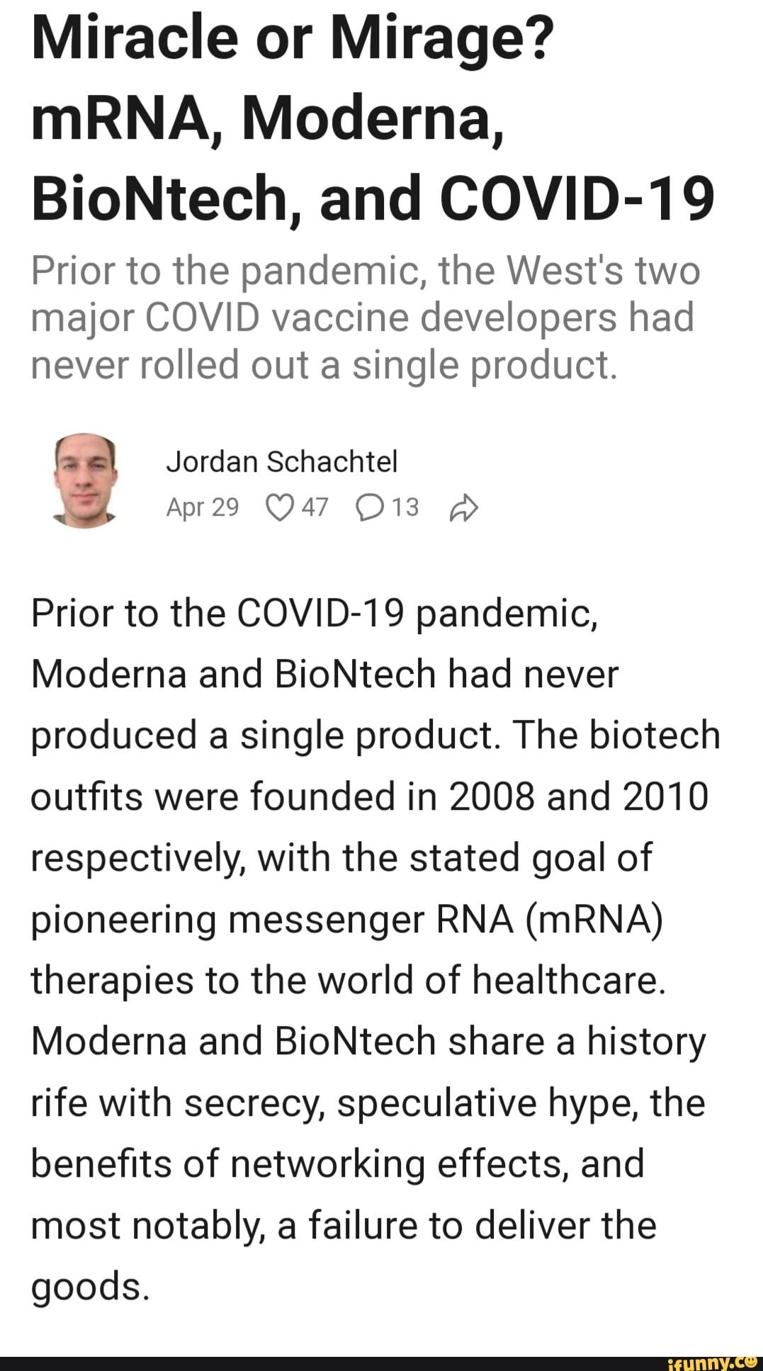 Miracle or Mirage? mRNA, Moderna, BioNtech, and COVID-19 Prior to the ...