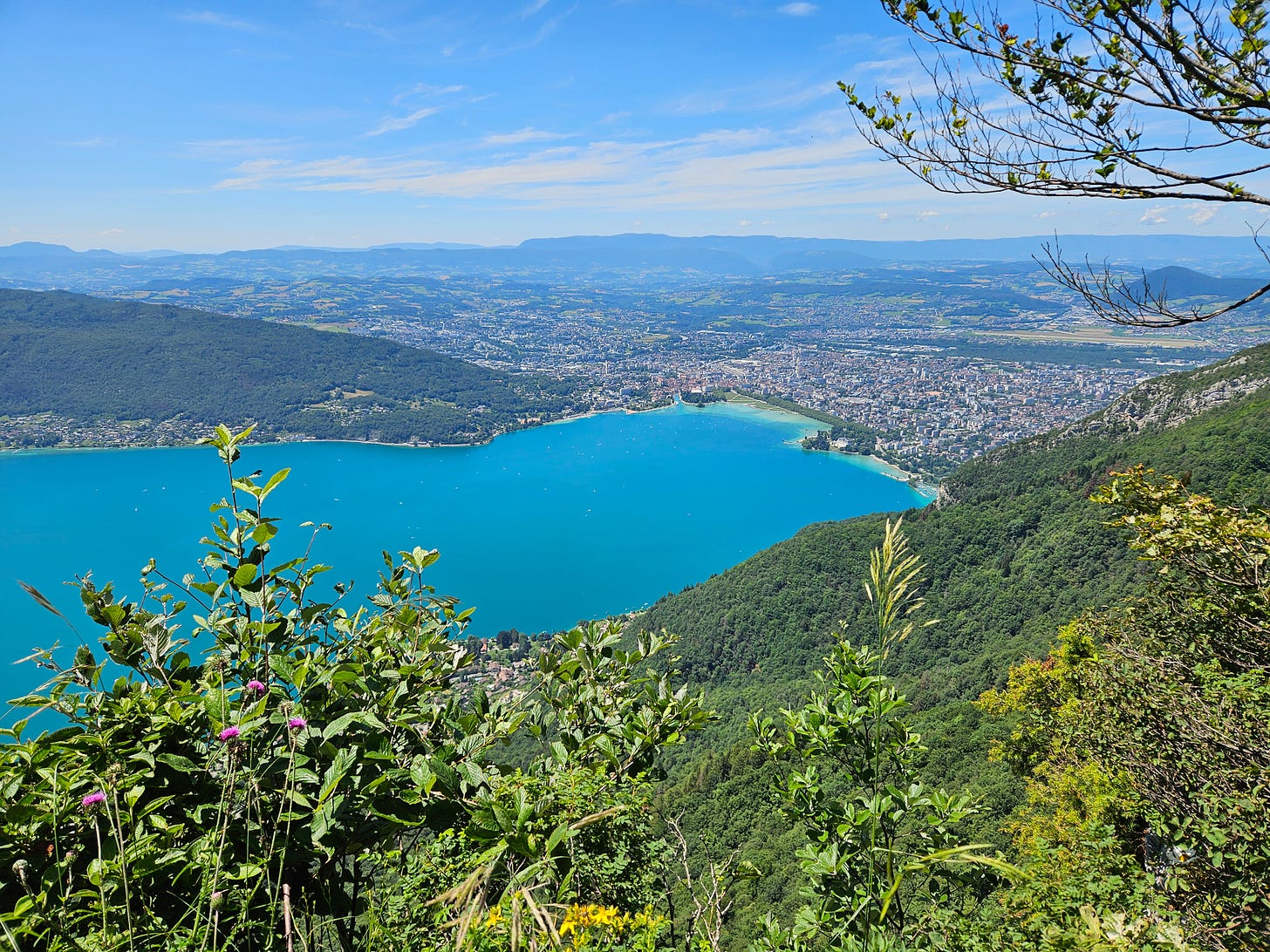 An overhead view, looking down from a greenery-covered mountainside, of a sprawling town along the shores of an almost painfully blue lake. 