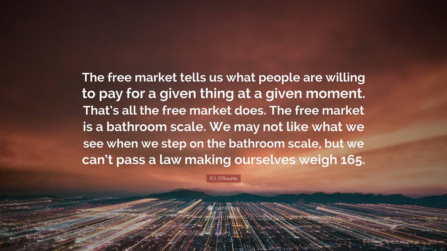 The free market tells us what people are willing to pay for a given thing at a given moment. That’s all the free market does. The free market is a bathroom scale. We may not like what we see when we step on the bathroom scale, but we can’t pass a law making ourselves weigh 165