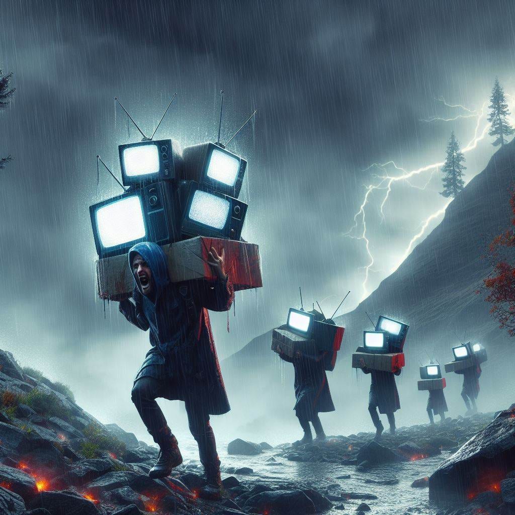 I need an image of terrified carrying TV sets on their backs walking uphill. the screens say LIES, and it rains words
