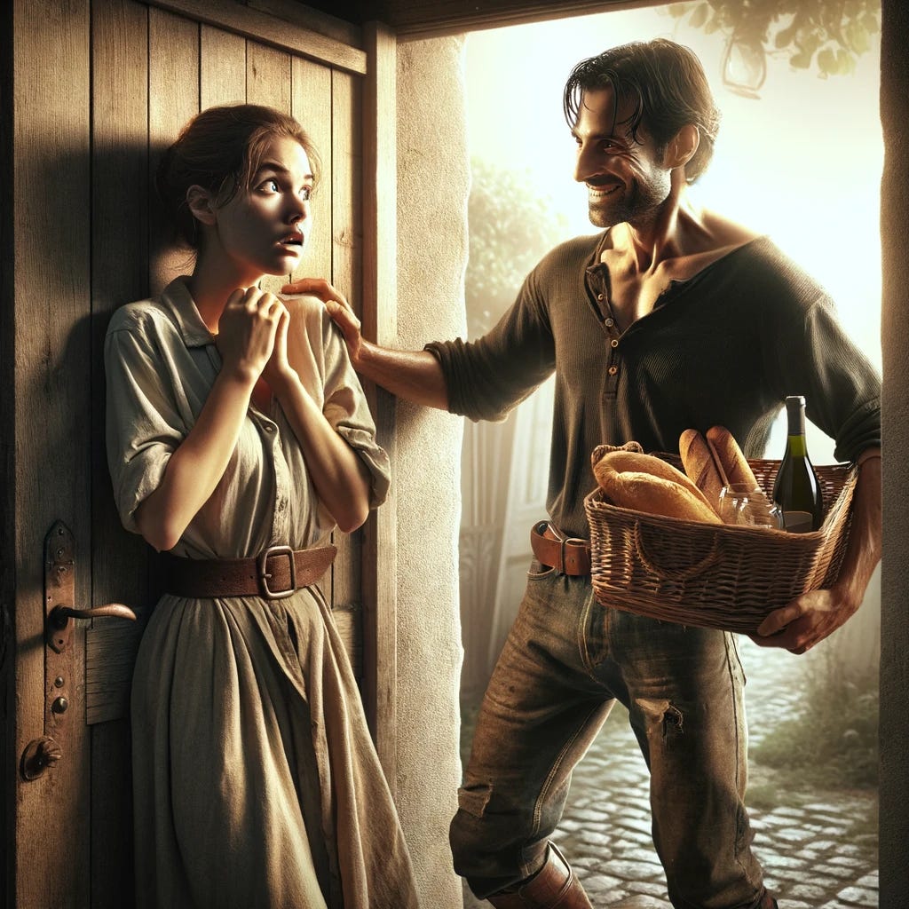Create a realistic and gritty image of a woman who just opened the door of her house and found a man standing there, carrying wine and food. The woman looks scared as she sees the man. The man is smiling gently, trying to appear friendly. The woman is dressed in a simple, modest shirt and skirt, her expression fraught with a mix of fear and surprise. The man is casually dressed in a worn-out t-shirt, faded jeans, and scuffed leather boots, holding a basket with a bottle of wine and some bread and cheese. The setting sun casts a warm light on the scene, creating long shadows and adding to the tense atmosphere.