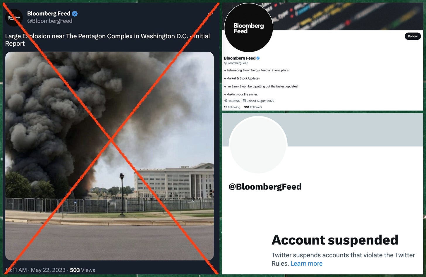 screenshots of an X post containing a fake image of an explosion and screenshots of a fake Bloomberg account that posted it