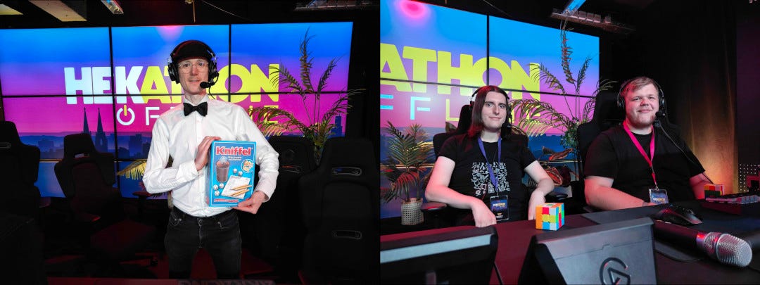 Left: A person (Zet) with a white shirt, hat and bow tie, holding a copy of Yahtzee. Right: Laree and FabiClawZ on stage, ready to start their run of Portal