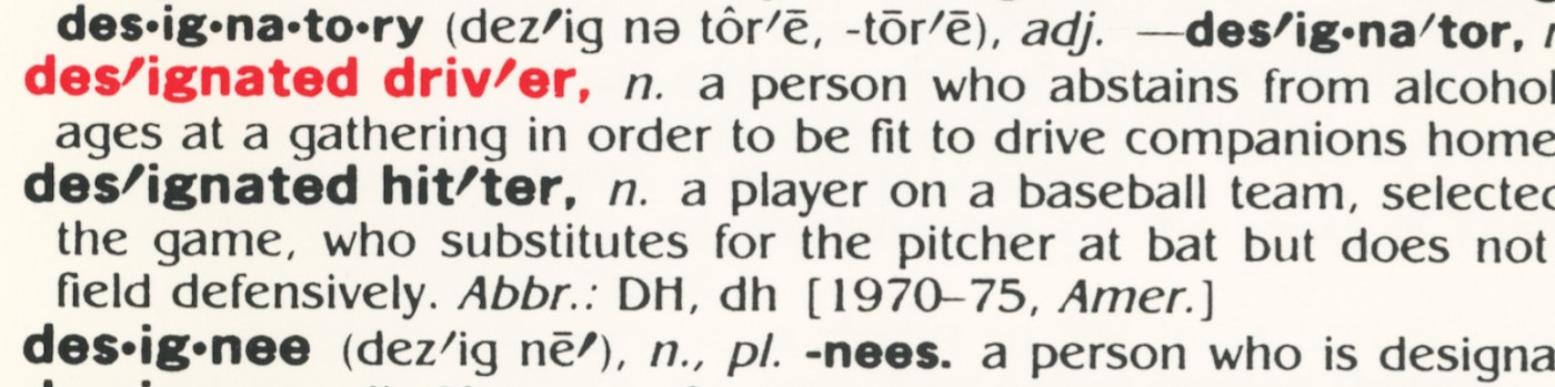 Dictionary entries showing definitions of designatory, designated driver, designated hitter, and designee.