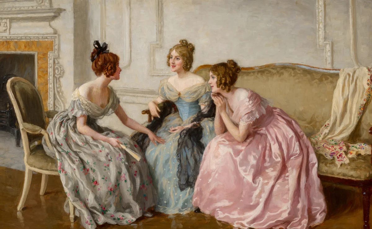 Painting of three Regency women sitting in a circle and talking. 