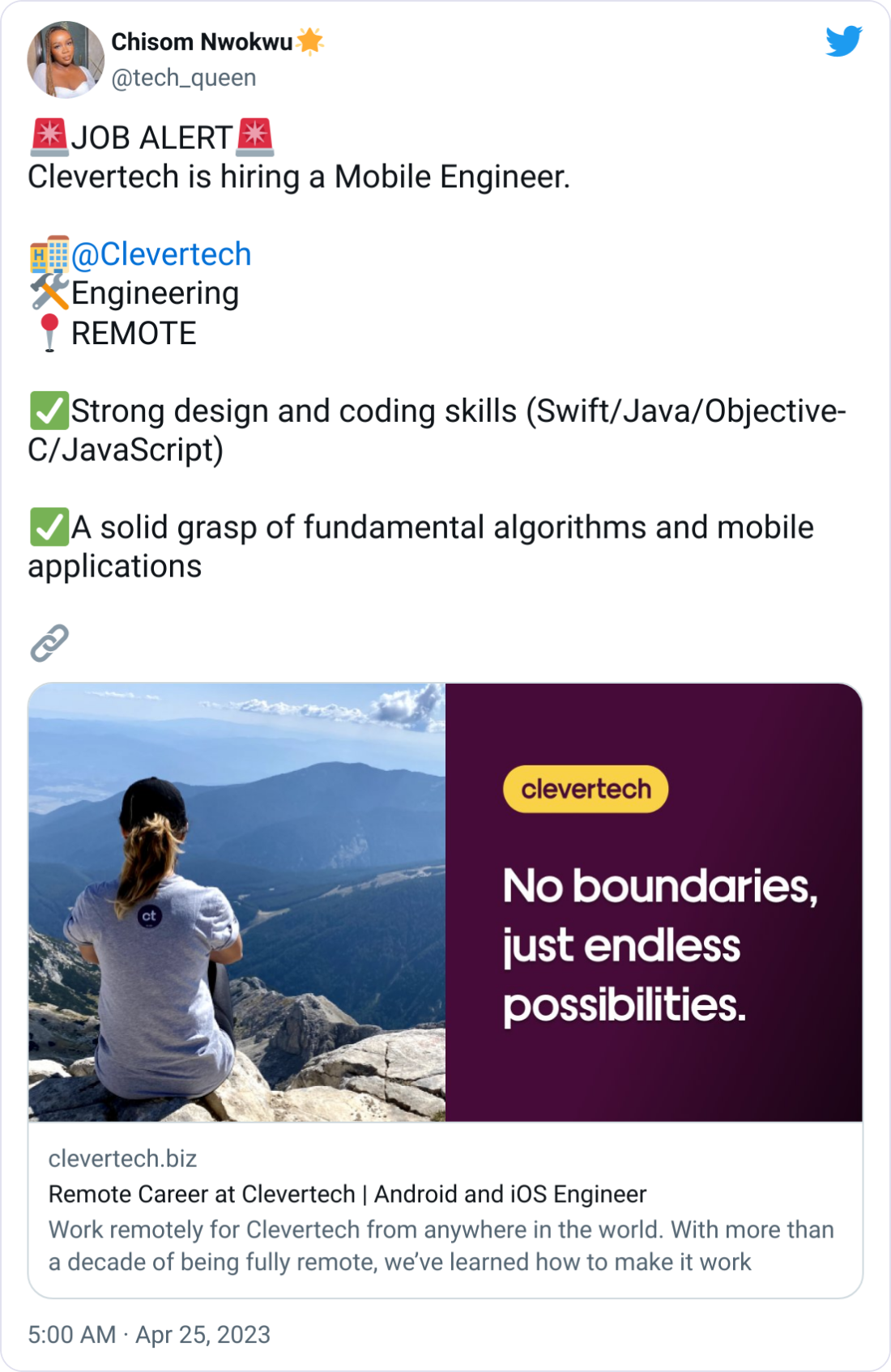Chisom Nwokwu🌟 @tech_queen 🚨JOB ALERT🚨 Clevertech is hiring a Mobile Engineer.   🏨 @Clevertech  🛠️Engineering 📍REMOTE  ✅Strong design and coding skills (Swift/Java/Objective-C/JavaScript)  ✅A solid grasp of fundamental algorithms and mobile applications  🔗