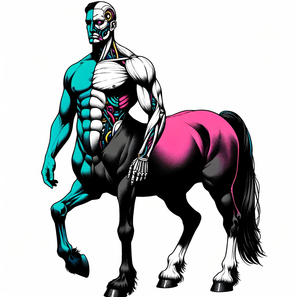 Ink and marker illustration of a traditional centaur. The front half is distinctly human, with a man's torso, arms, and head, while the back half transitions seamlessly into the body of a horse. The color palette emphasizes black, cyan, magenta, and yellow to create a striking visual that complements a cyborg illustration.