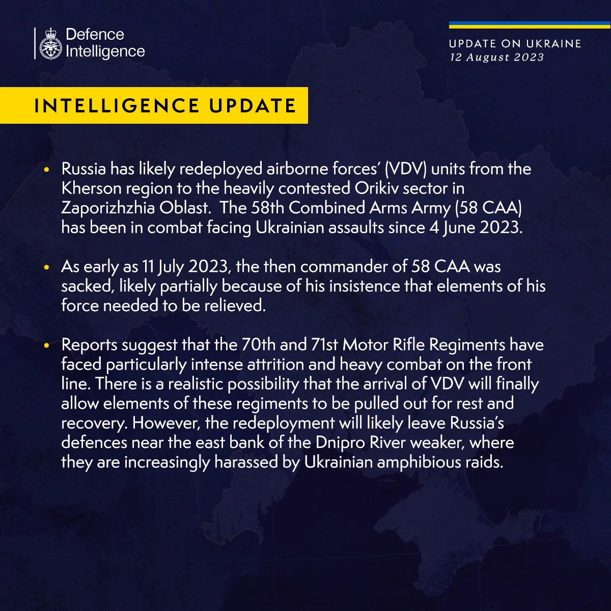 Latest Defence Intelligence update on the situation in Ukraine- 12 August 2023. Please read thread below for full image text. 