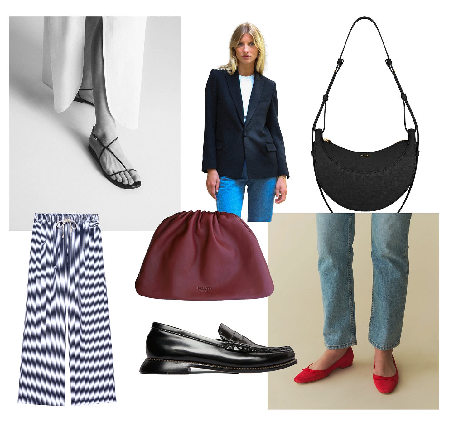 collage of clothes, shoes and bags