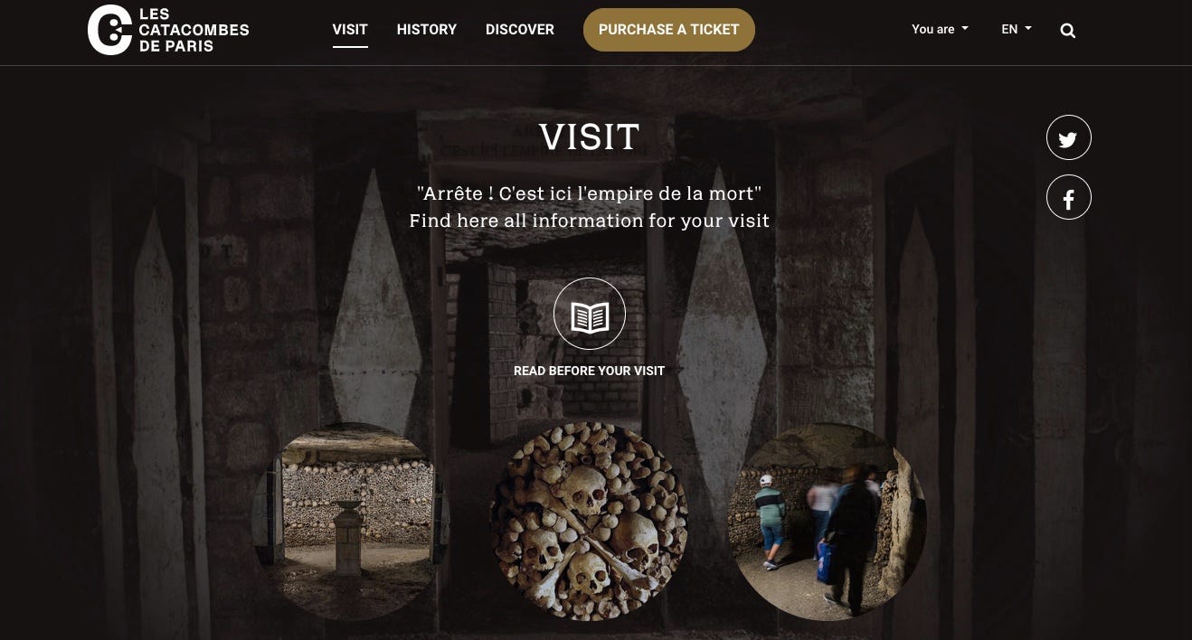 Picture of the Paris catacombs website home page with photos of bones and skulls, and text about visiting.