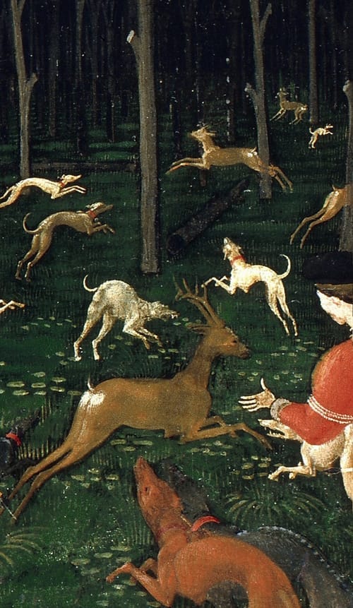 A detail from Ucello's Hunt in the Forest; hounds and a hunter chase deer through a dark wood. 