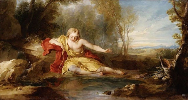Painting by François Lemoyne - Narcissus Contemplating His Reflection In The Water (1725 ...