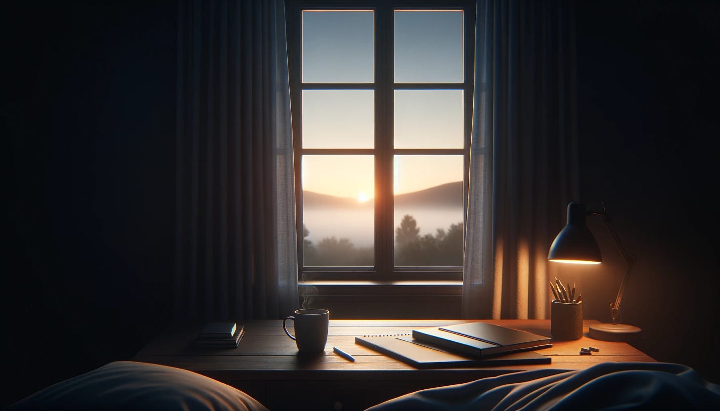 A serene early morning scene just before sunrise, viewed from inside a room. The focus is on a window framed by curtains, through which the pre-dawn sky is visible, showing the first light of the day. In front of the window, there's a desk with a few items like a notebook, a pen, and a cup of coffee, suggesting a peaceful, productive start to the day. The room is softly lit, capturing the quiet and calm atmosphere of early morning.