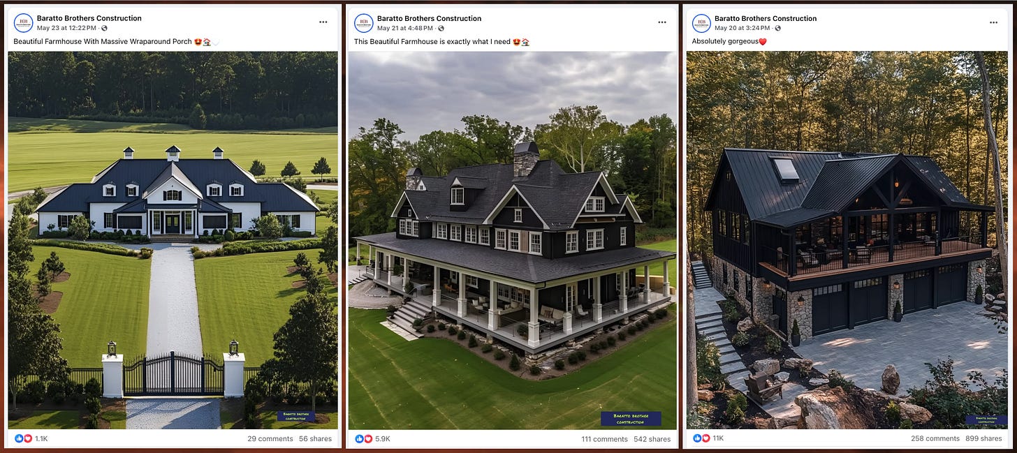 Screenshots of three posts from the hacked "Baratto Brothers Construction" Facebook page featuring AI-generated images of large houses
