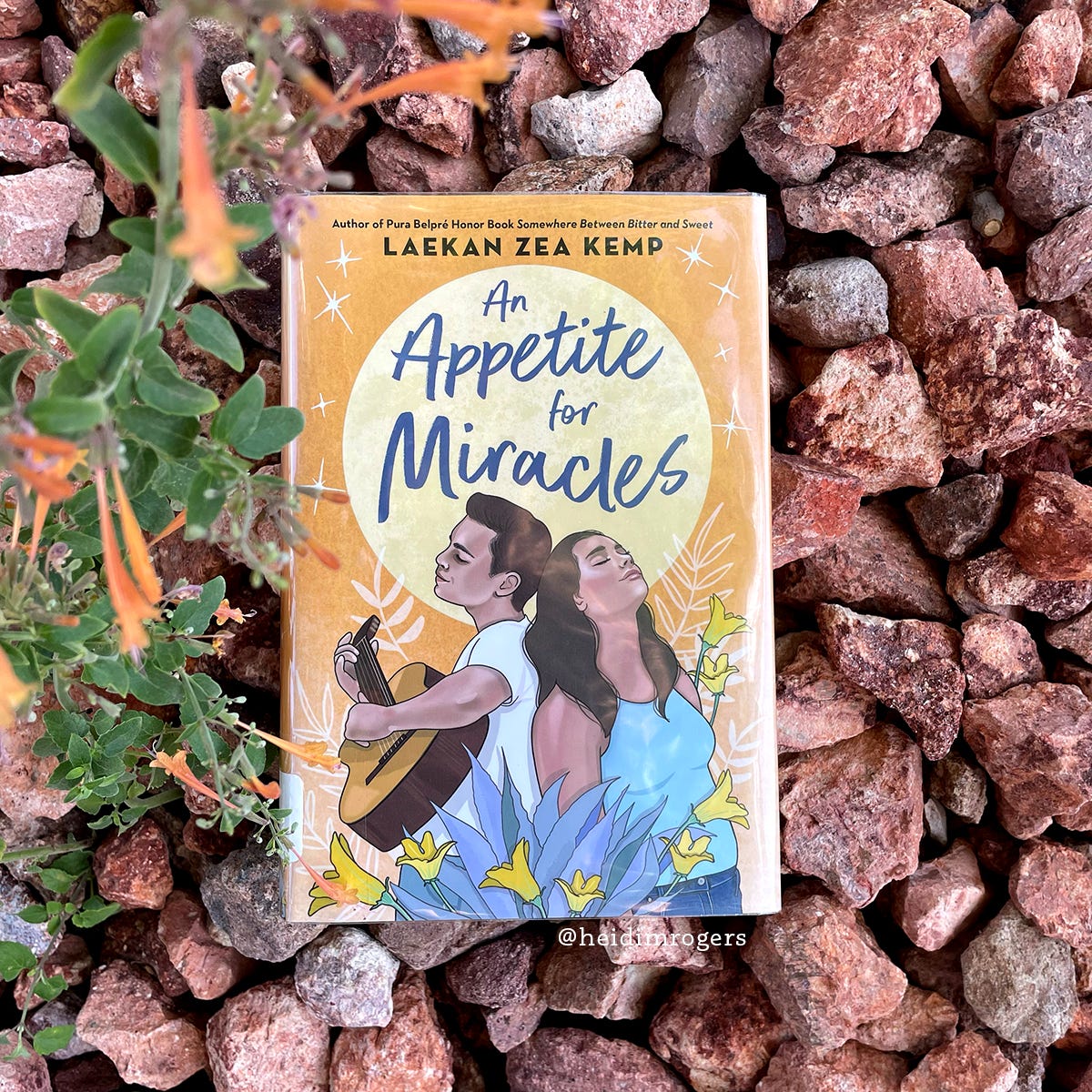 Cover of An Appetite for Miracles by Laekan Zea Kemp on a bed of red rocks with orange flowers