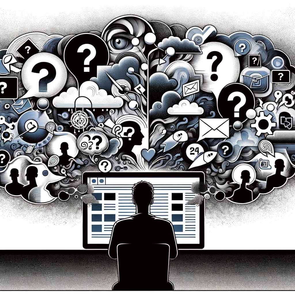 An illustration capturing the essence of misinterpretation in digital communication, depicted through a metaphorical scene. The image shows a person staring intently at a computer screen, with thought bubbles filled with various symbols of question marks, social media icons, and abstract shapes representing confusion and overthinking. The background is filled with shadows and silhouettes of other people, symbolizing the unseen audience and potential misinterpretations by those who feel guilty. This visual metaphor highlights the complexity of digital interactions and the psychological impact of guilt on perception.