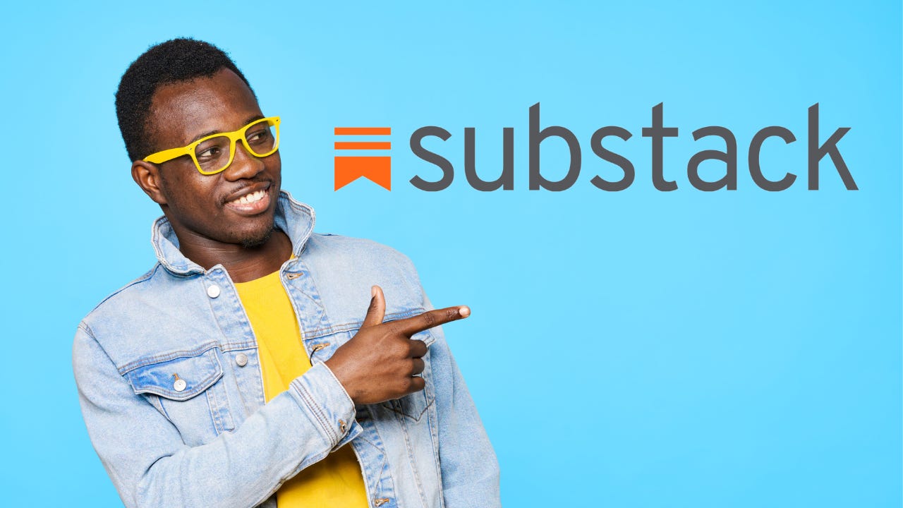 A man wearing yellow glasses pointing to the Substack logo.