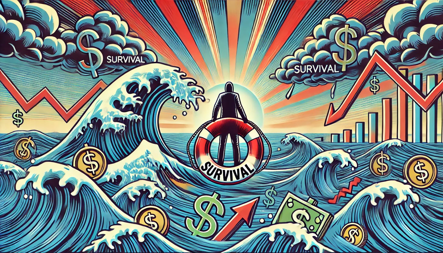 A highly stylized image illustrating the concept of surviving a recession, in a pop-art style we've been using. The image features a person navigating through a stormy sea, symbolizing economic chaos, while holding a lifebuoy with the word 'Survival'. Surrounding waves resemble financial graphs going up and down, and symbols like dollar signs, arrows, and coins are scattered in the water. The sky above shows storm clouds with hints of sunlight breaking through, representing hope. The design uses bold colors and sharp lines, staying consistent with our visual theme.