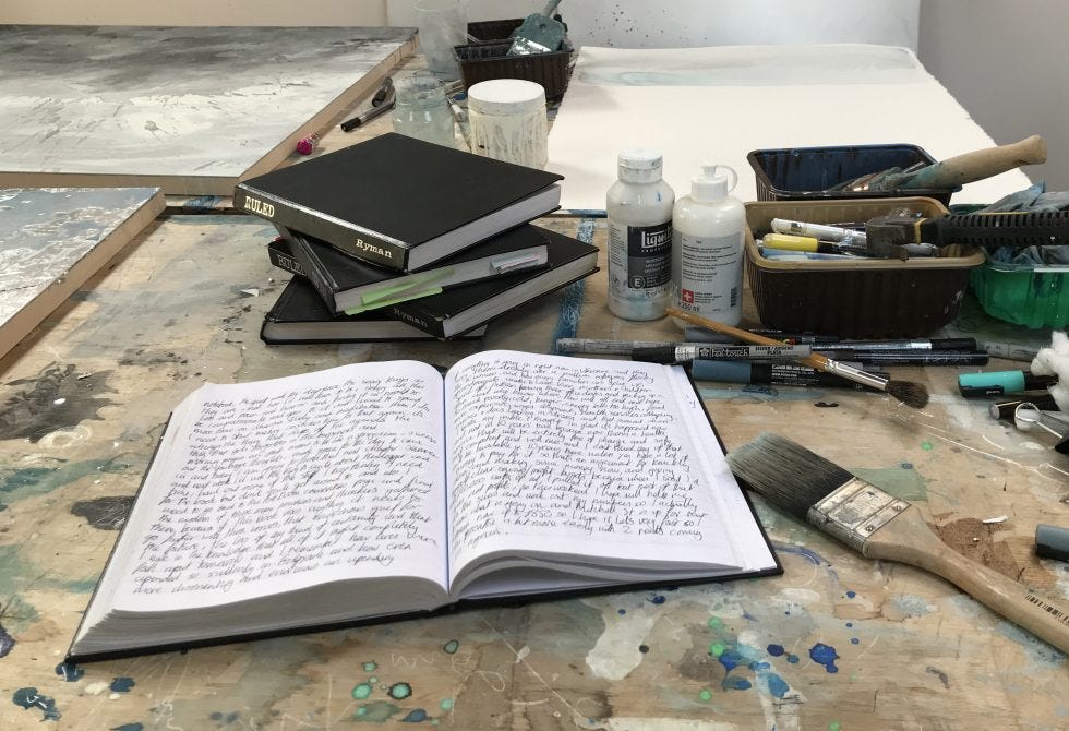 A desk with a notebook and drawing materials on it