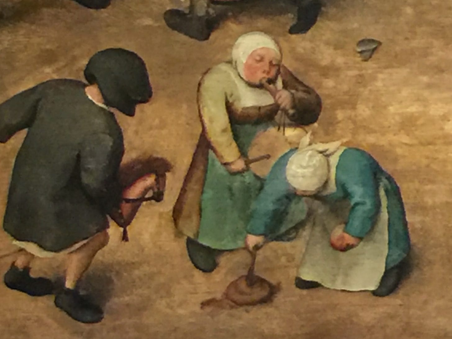 Frahment obrazu przedstawiający dzieci trącające patykiem kupę