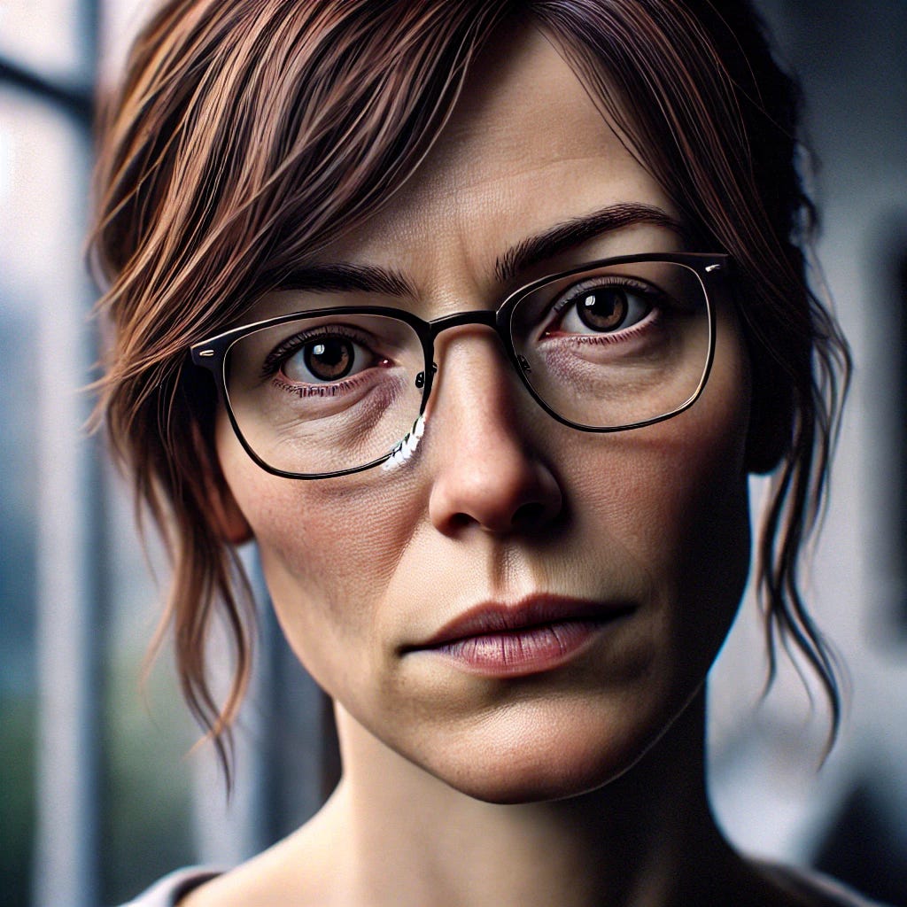 A photorealistic portrait of a 40-year-old woman with an imperfect face, some visible wrinkles, medium build (not too thin), brown hair, wearing glasses, and looking slightly tired. Her expression conveys guilt, with downcast eyes, slightly furrowed brows, and a subtle frown. She stands near a window with soft daylight filtering through, casting a melancholic atmosphere. The background is blurred but suggests an indoor home setting, emphasizing her introspective mood.