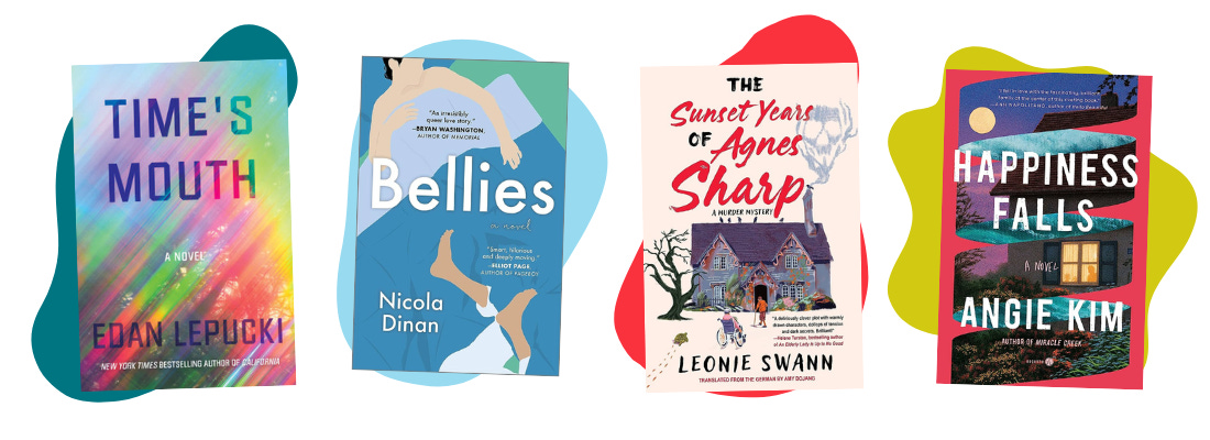 Book covers for Time's Mouth, Bellies, The Sunset Years of Agnes Sharp, and Happiness Falls