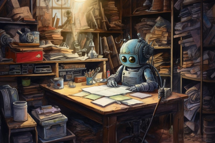 a robot writing a book with a quill on an old pigeonhole desk in a workshop watercolor via Midjourney