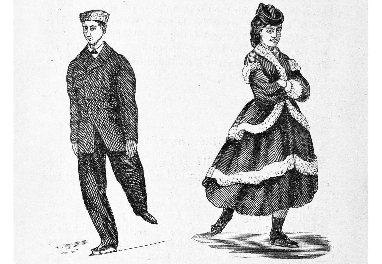 black and white illustration of skating costumes for men and women