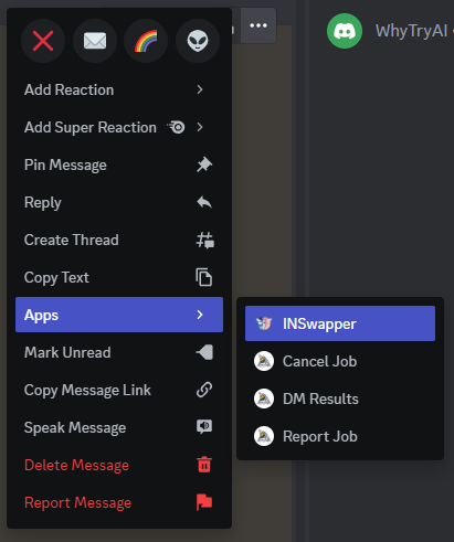 Selecting INSwapper in Midjourney dropdown