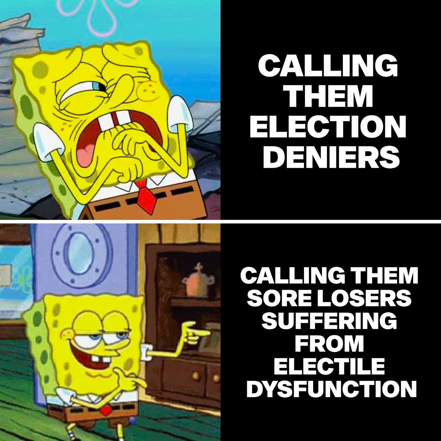 Top panel: SpongeBob looking worried and disgusted with caption :"Calling them election deniers". Bottom panel: SpongeBob looking happy and relaxed with caption "Calling them sore losers suffering from elective dysfunction"