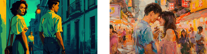 A digital illustration of a man and woman looking back with suspicion in a dimly lit street, next to a vibrant painting of a couple sharing an intimate moment in a bustling, colorful market.