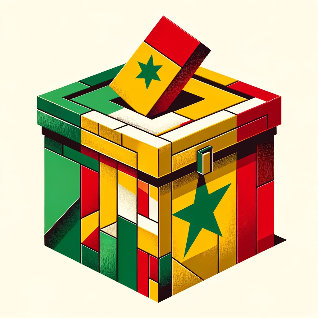 A cubist-style representation of a ballot box, incorporating the colors of the Senegal flag: green, yellow, and red. The image should deconstruct the ballot box into geometric shapes, playing with perspectives in a manner characteristic of cubism. This abstract composition should convey the concept of voting and democracy, with the ballot box as the central figure. The use of Senegal's national colors should be prominent, symbolizing the country's identity and the significance of the electoral process.