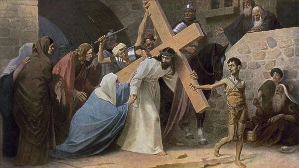 Jesus meets his mother, Mary, while carrying his Cross