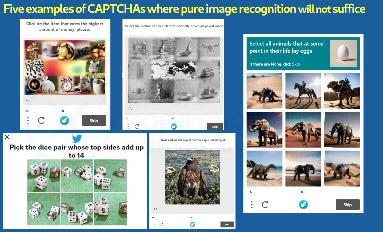 Examples of CAPTCHAs that are not based on OCR, but require a deeper level of interpretation and knowledge to solve